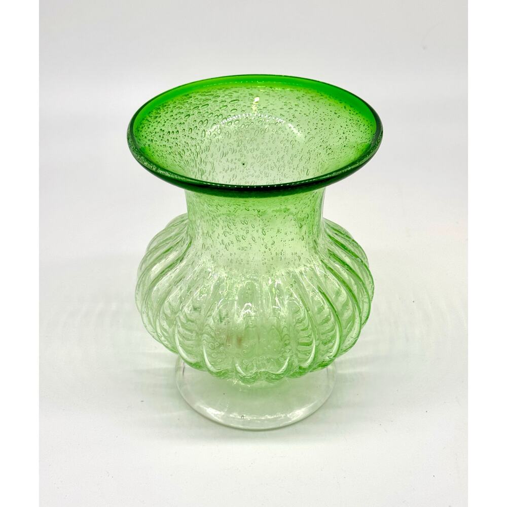 Vase - Amica Art Glass Green Bubble Glass Vase Urn Pedestal Ribbed Body 8"Hx6"W